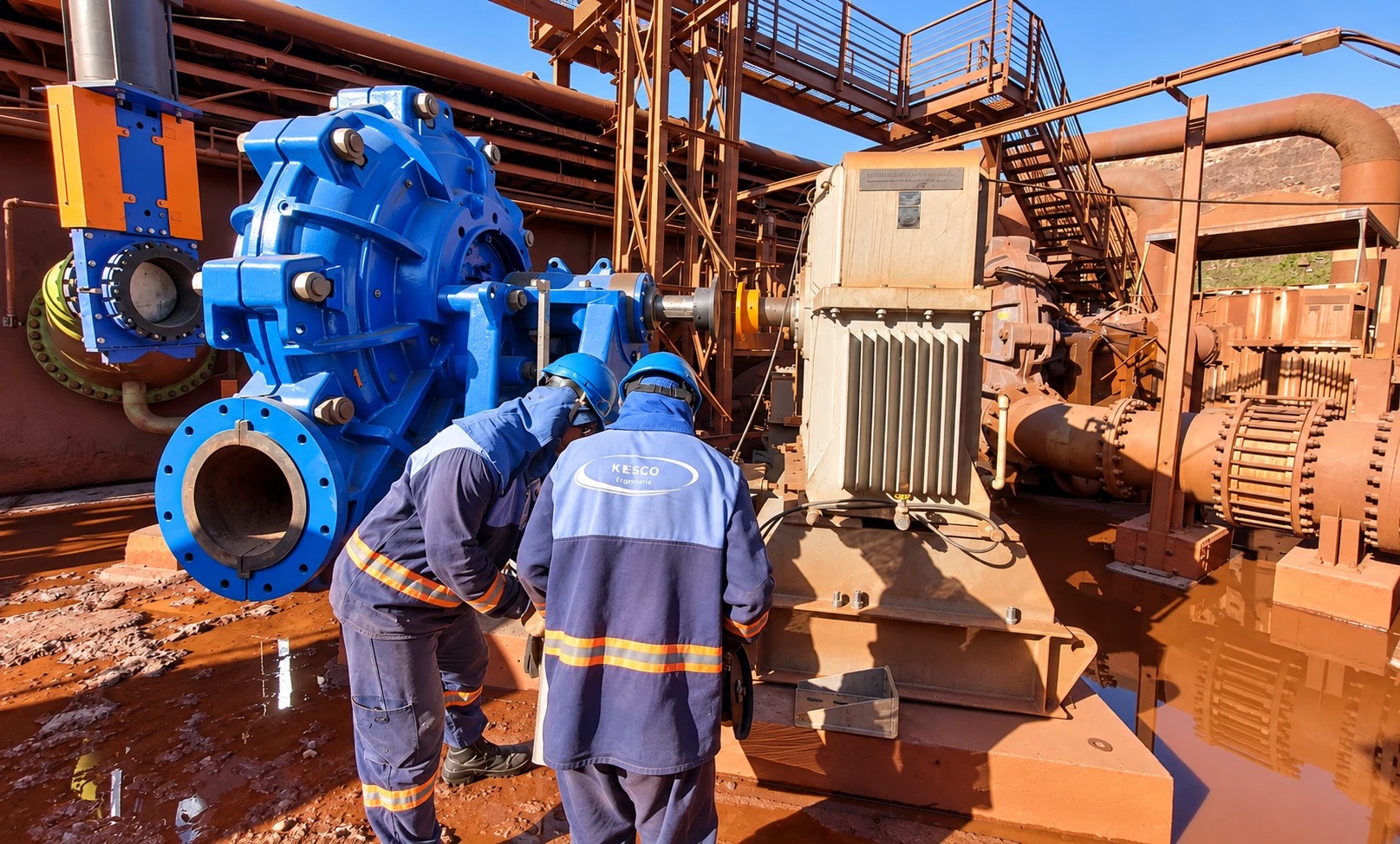 Dois técnicos da Kesco em manutenção de bomba de polpa numa planta de mineração