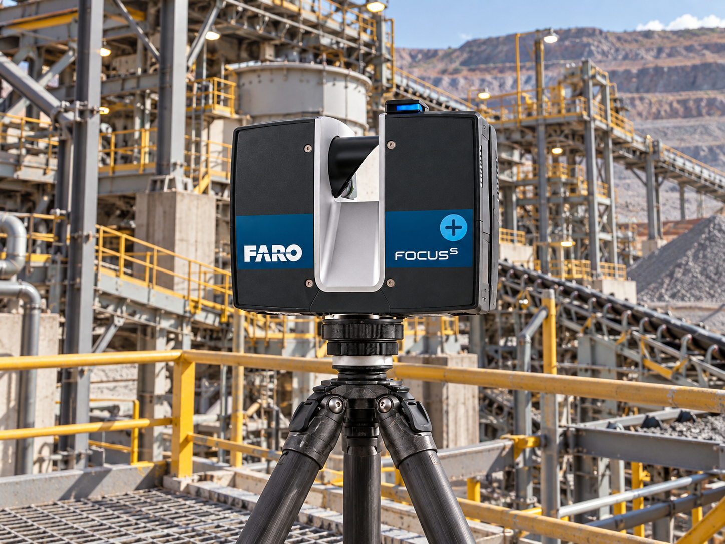 Scanner a laser 3D sobre tripé em uma instalação industrial