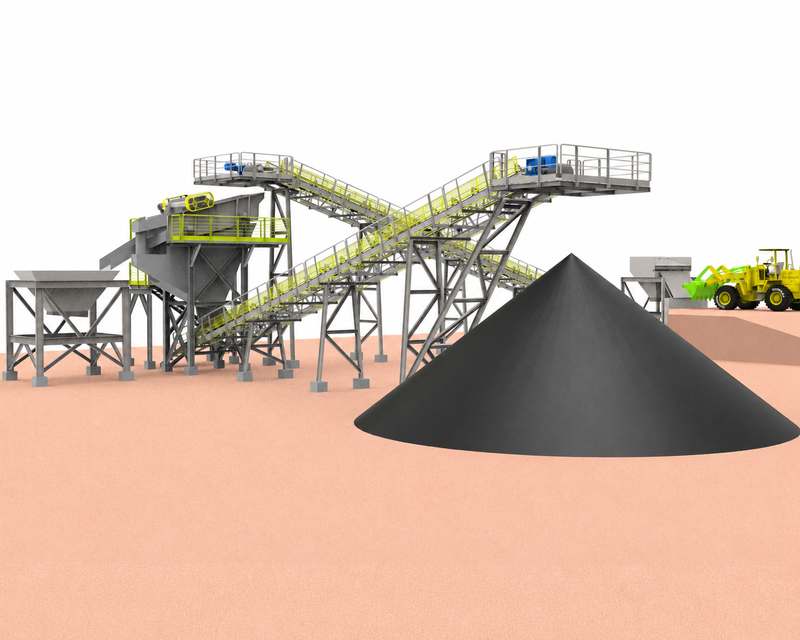 Modelo tridimensional de uma instalação industrial com transportadores de correia, torres de transferência e pilha de material